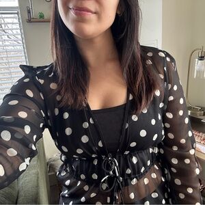 Abercrombie & Fitch Black & White Collared Polka Dot Blouse with Tie Detail